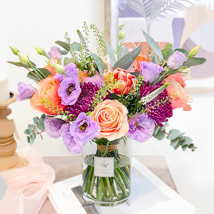 Batch of Hydrangeas, Kahala Roses, Lisianthus, Chrysanthemums, Tulips and Green Bells with Eucalyptus greeneries.
