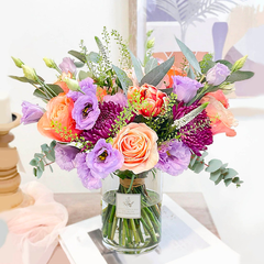 Batch of Hydrangeas, Kahala Roses, Lisianthus, Chrysanthemums, Tulips and Green Bells with Eucalyptus greeneries.