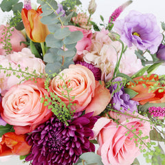 Batch of Hydrangeas, Kahala Roses, Lisianthus, Chrysanthemums, Tulips and Green Bells with Eucalyptus greeneries.