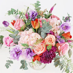 Batch of Hydrangeas, Kahala Roses, Lisianthus, Chrysanthemums, Tulips and Green Bells with Eucalyptus greeneries.