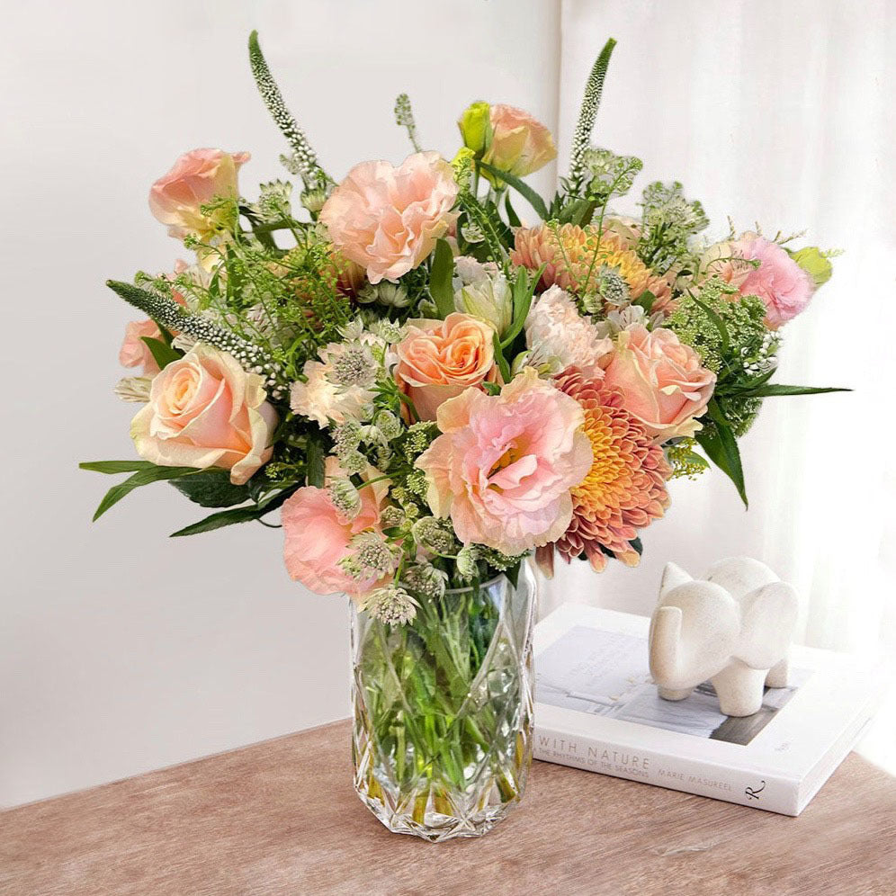 A bouquet of Lisianthus, Phoenix Roses, Chrysanthemum, Alstromeria, Astrantias and Thlaspi.