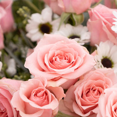 Bouquet of Pink Spray Roses, and Yin Yang Daisies with Seeded Eucalyptus greeneries.