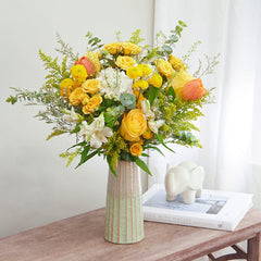 Batch of Hydrangeas, Pompoms, Yellow Spray Roses, and Alstroemeria with Eucalyptus greeneries.