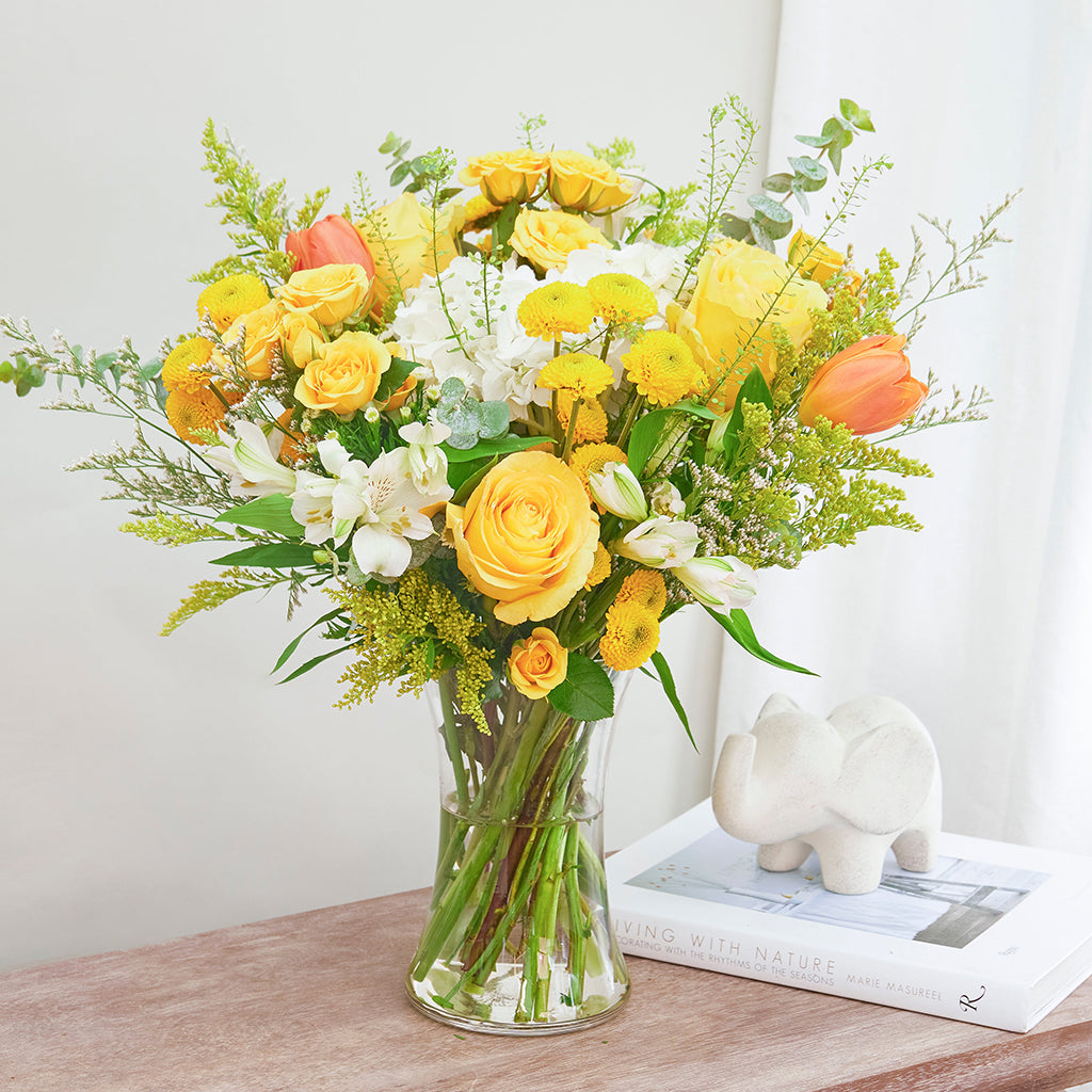 Batch of Hydrangeas, Pompoms, Yellow Spray Roses, and Alstroemeria with Eucalyptus greeneries.