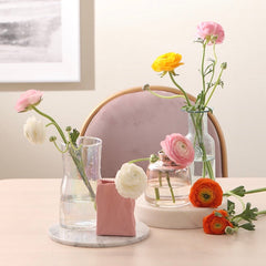 Batch of 10 Ranunculus stems available in Pink, White, and Yellow.